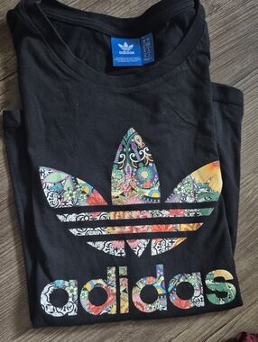 Adidas Black Tee with Colorful Floral Trefoil